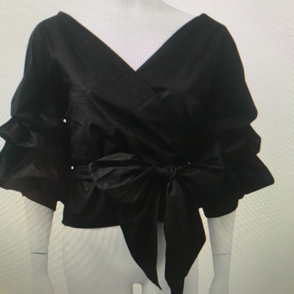Tov Black Wrap Blouse With Tiered Ruffle Sleeves
